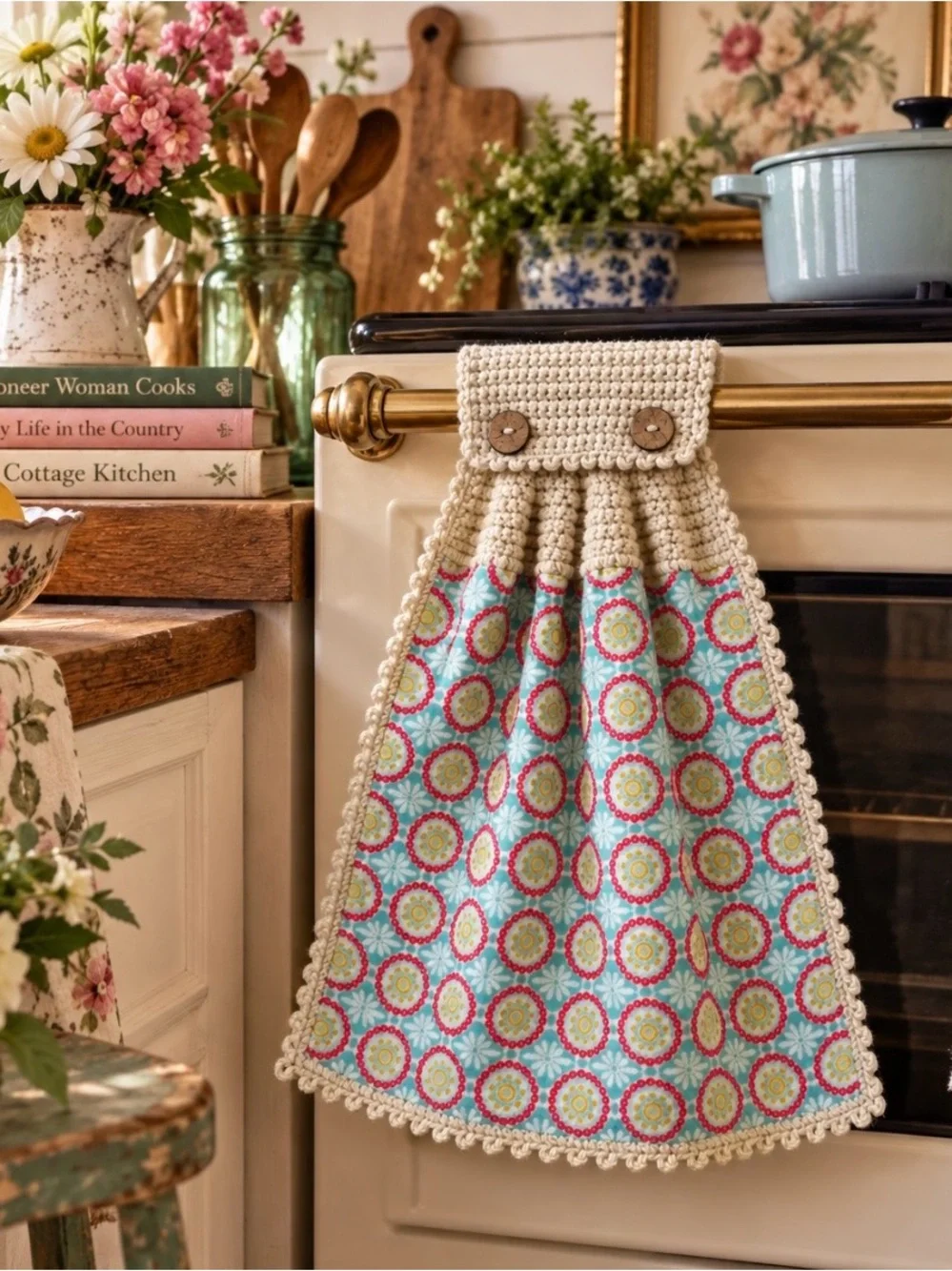 Pioneer Woman Aqua Medallion Crochet Hanging Kitchen Towel